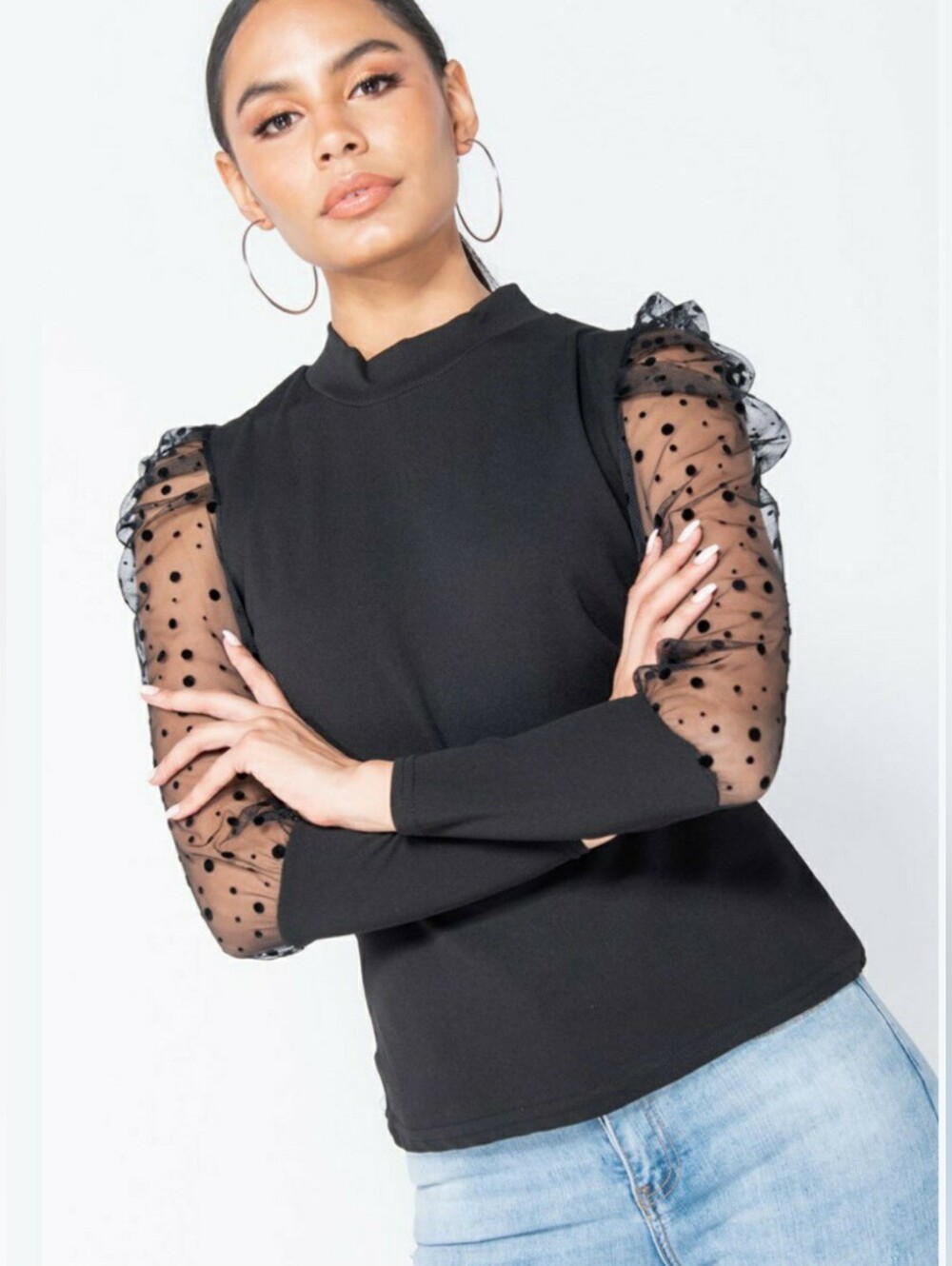 Blooming Jelly Black Polka Dot Mesh Sleeve Mock Neck Top - Women Large